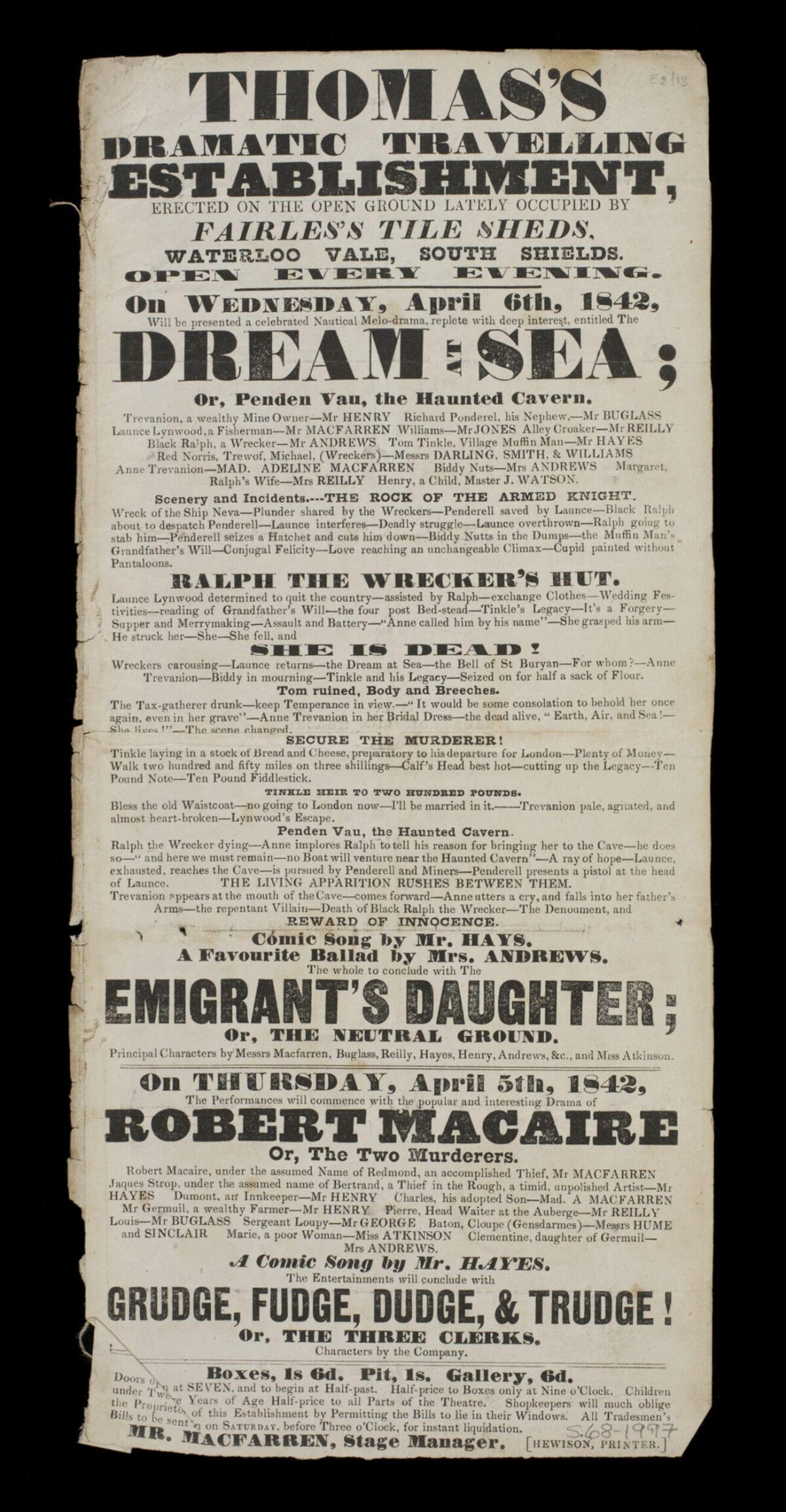 1842 Thomas's Dramatic Playbill