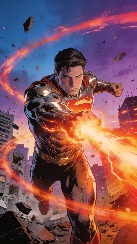 Superman Charging Through Ruined City