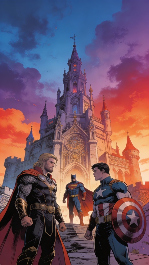 Three Superheroes Before Gothic Castle