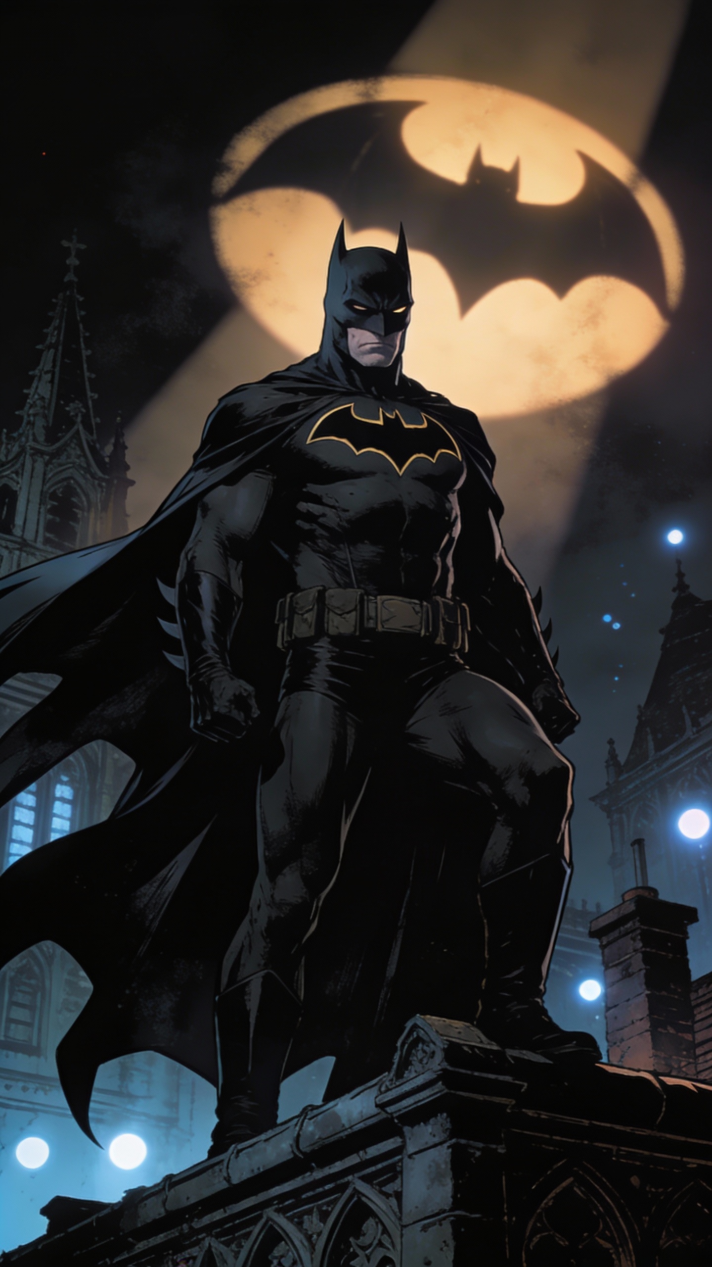 Batman on Gotham Rooftop at Night