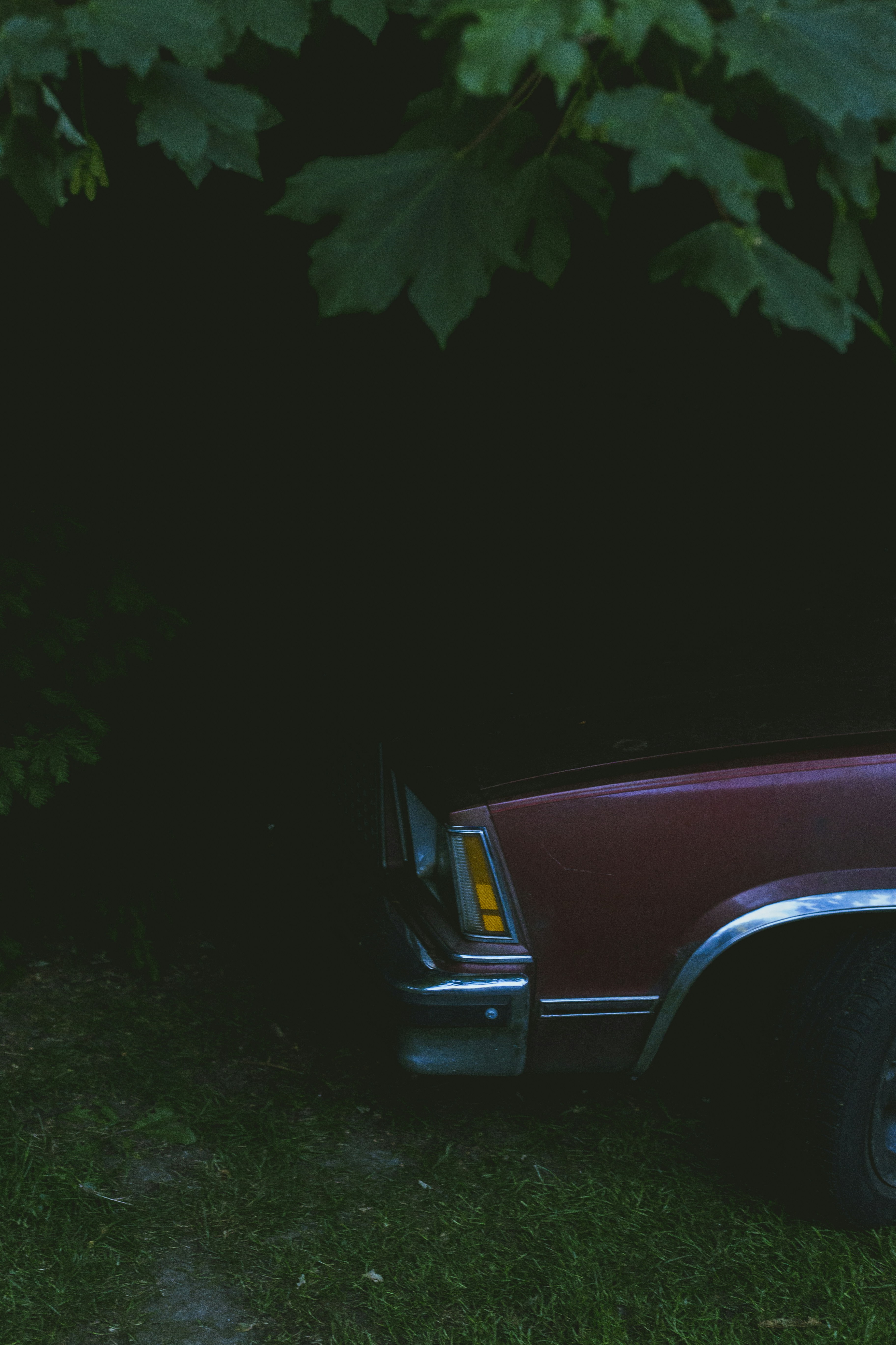 Vintage Red Car Parked Under Tree