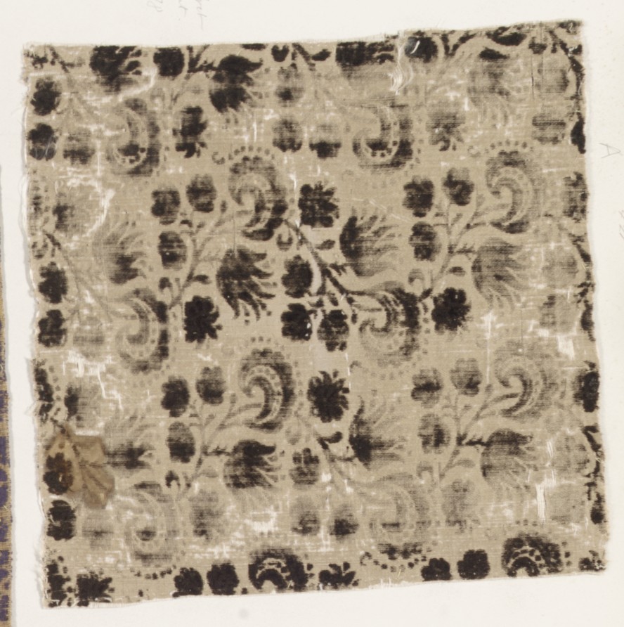 Antique Black Floral Printed Fabric Fragment