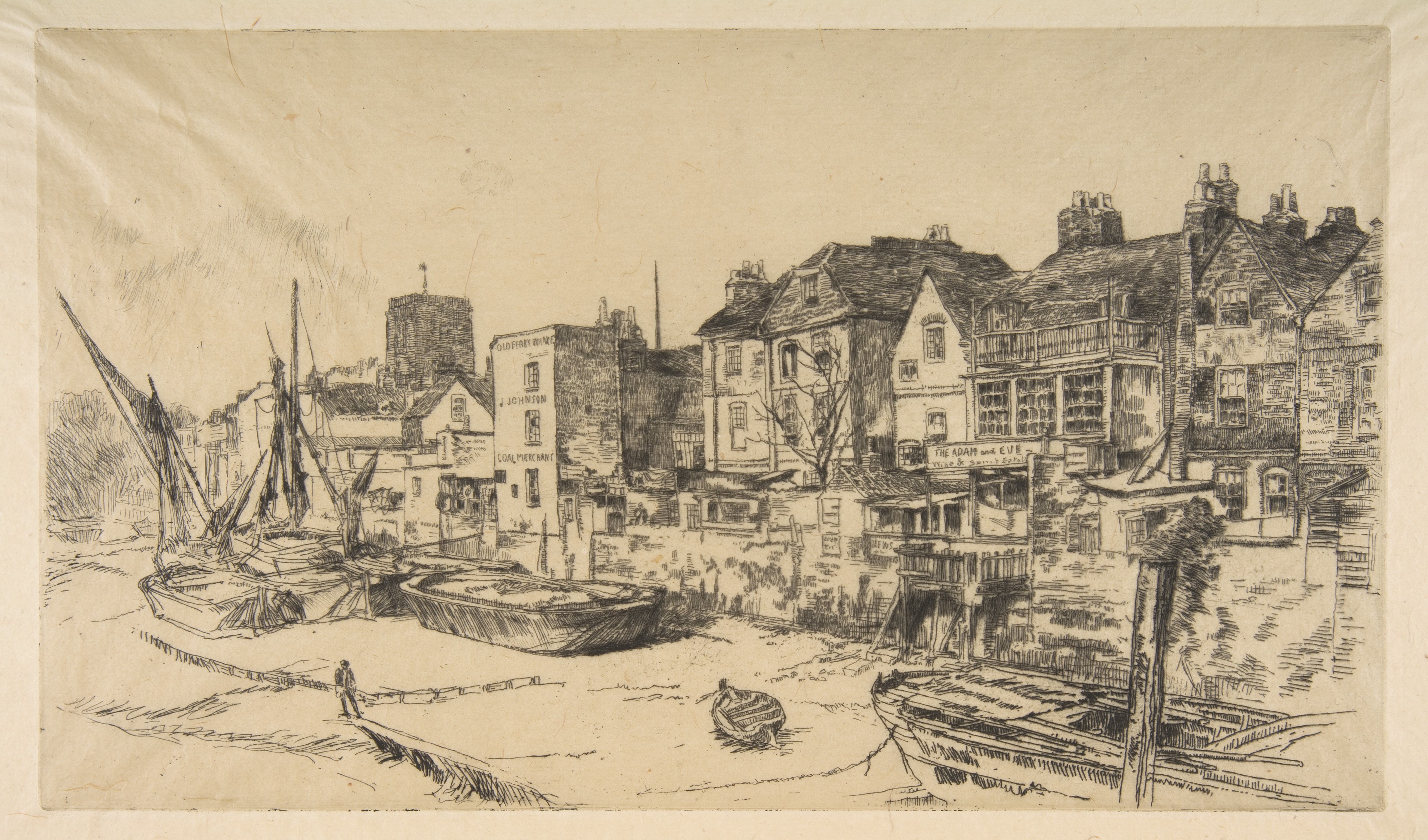 Riverside Buildings and Boats Sketch