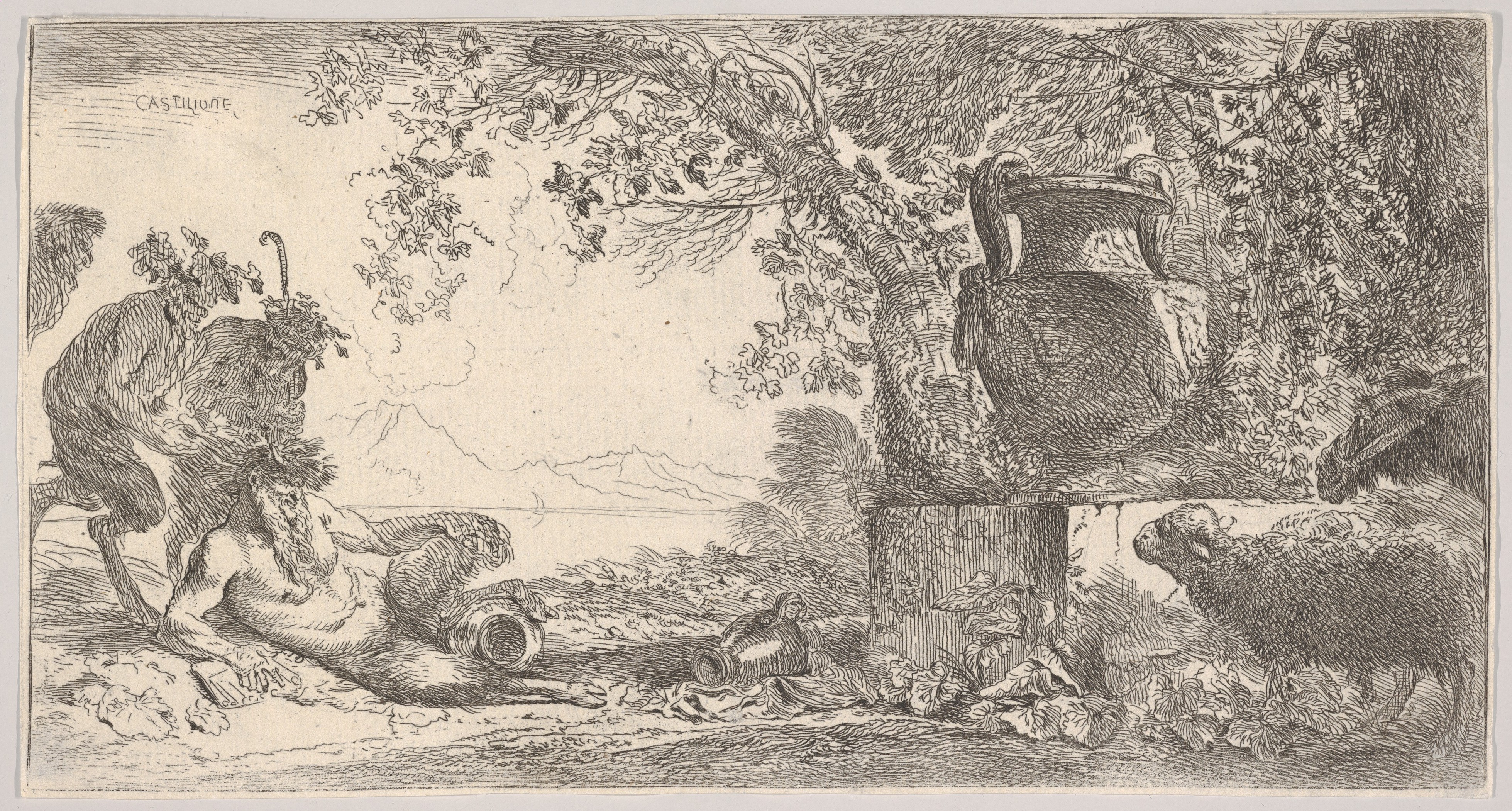 Mythological Landscape Etching with Satyrs