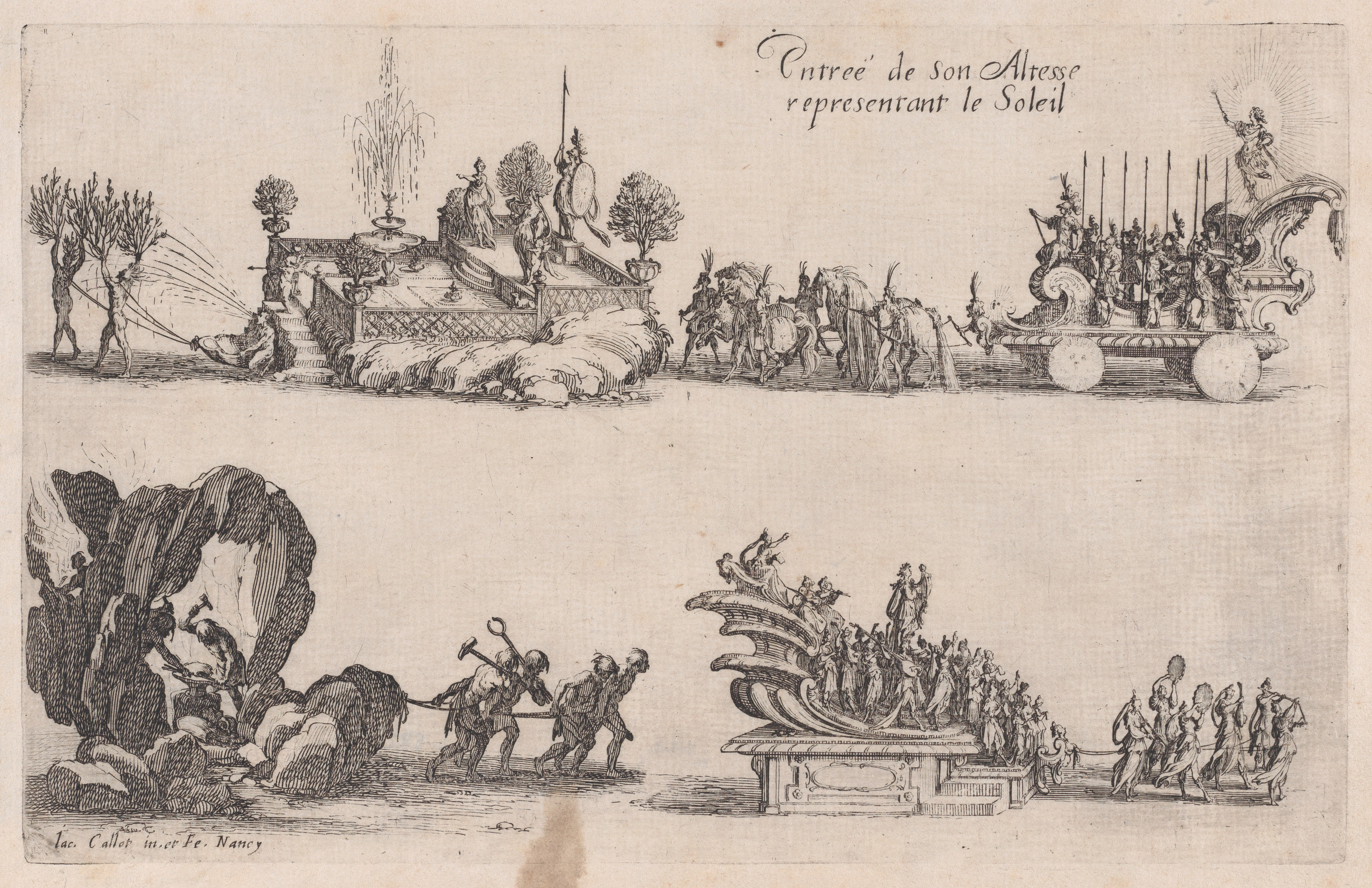 Sun Themed Procession Antique Etching