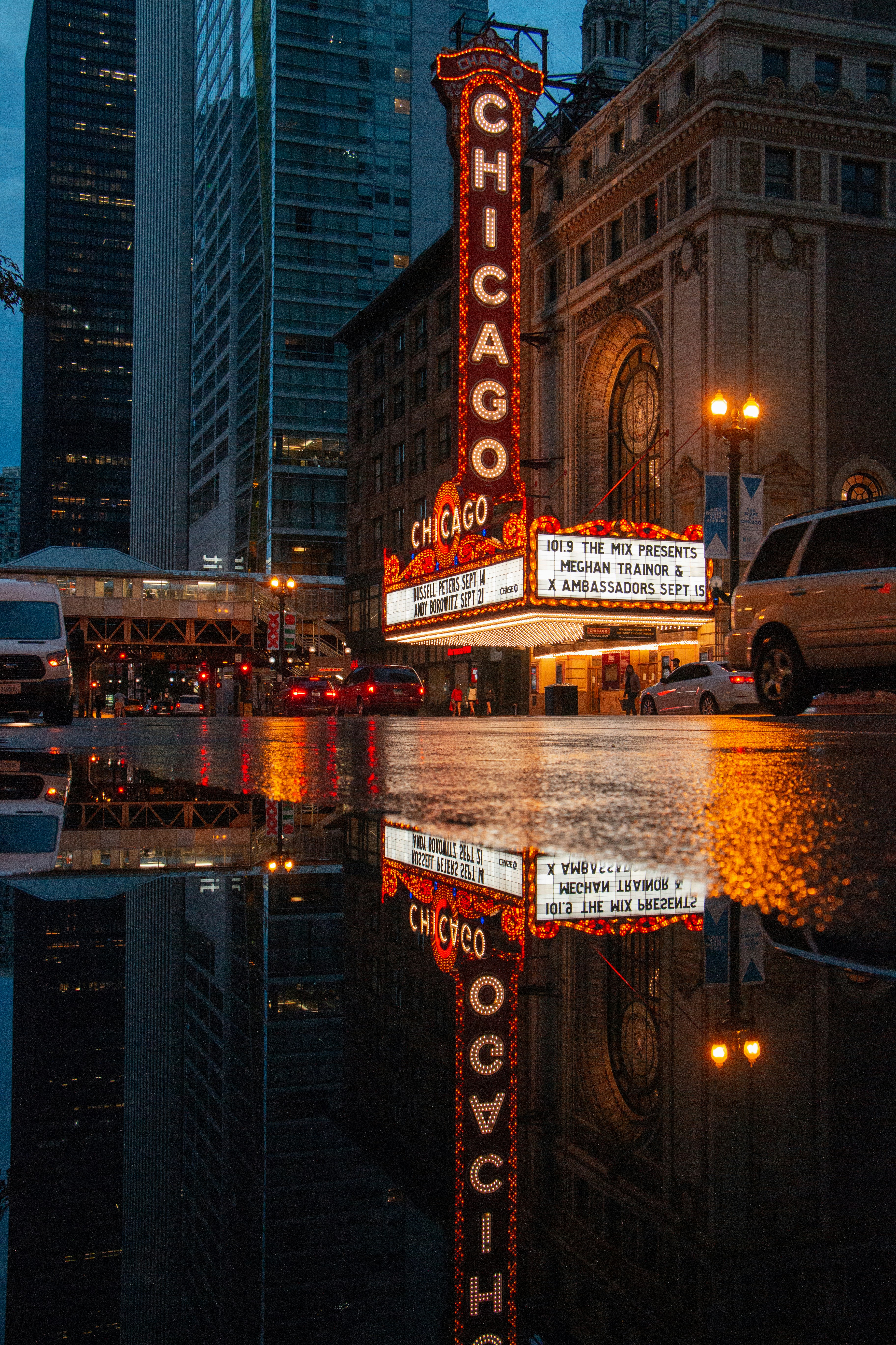Chicago Theatre Wet Street Reflection
