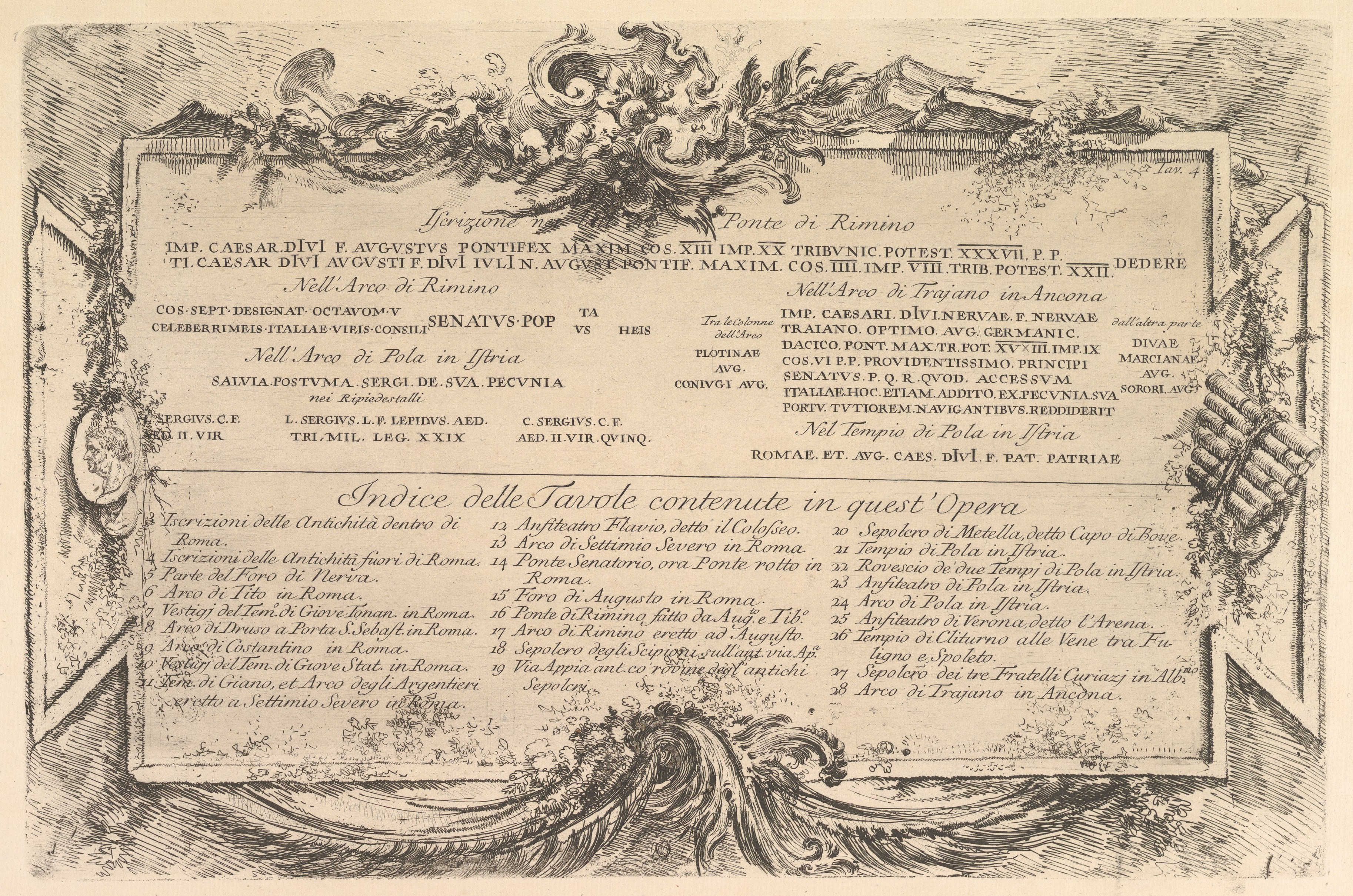 Antique Etching of Roman Inscription Index