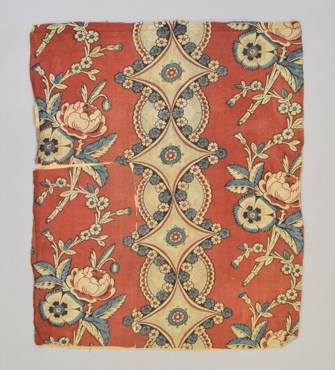 Antique Red Floral Printed Fabric Fragment