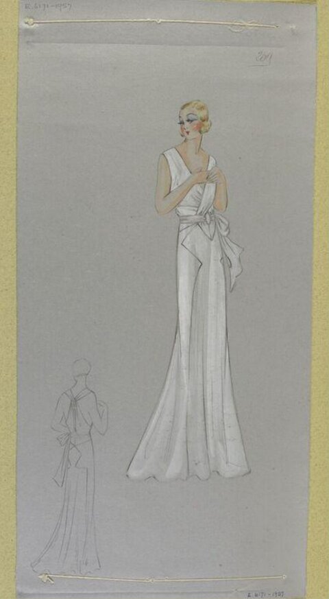 Vintage White Evening Gown Fashion Sketch