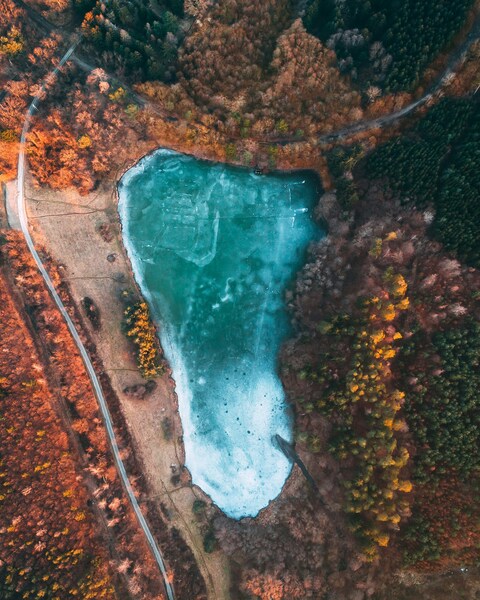 Aerial View of Frozen Lake in Autumn