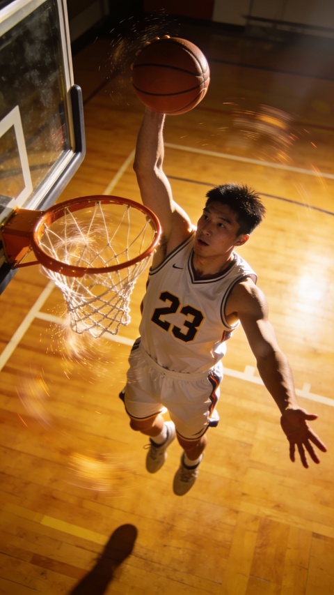 Basketball Player Dunking on Indoor Court