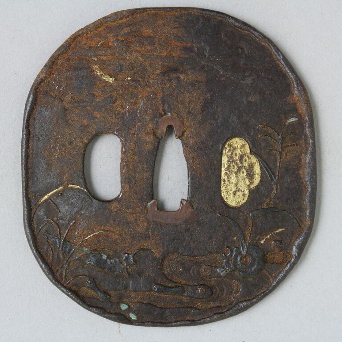 Iron Sword Guard Tsuba with Gold Inlay