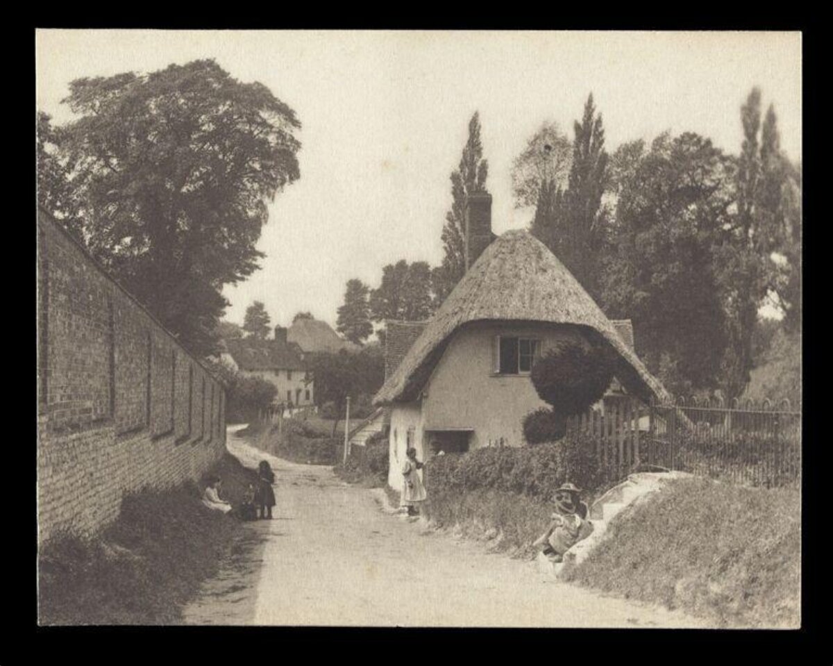 Vintage Village Lane with Thatched Cottage