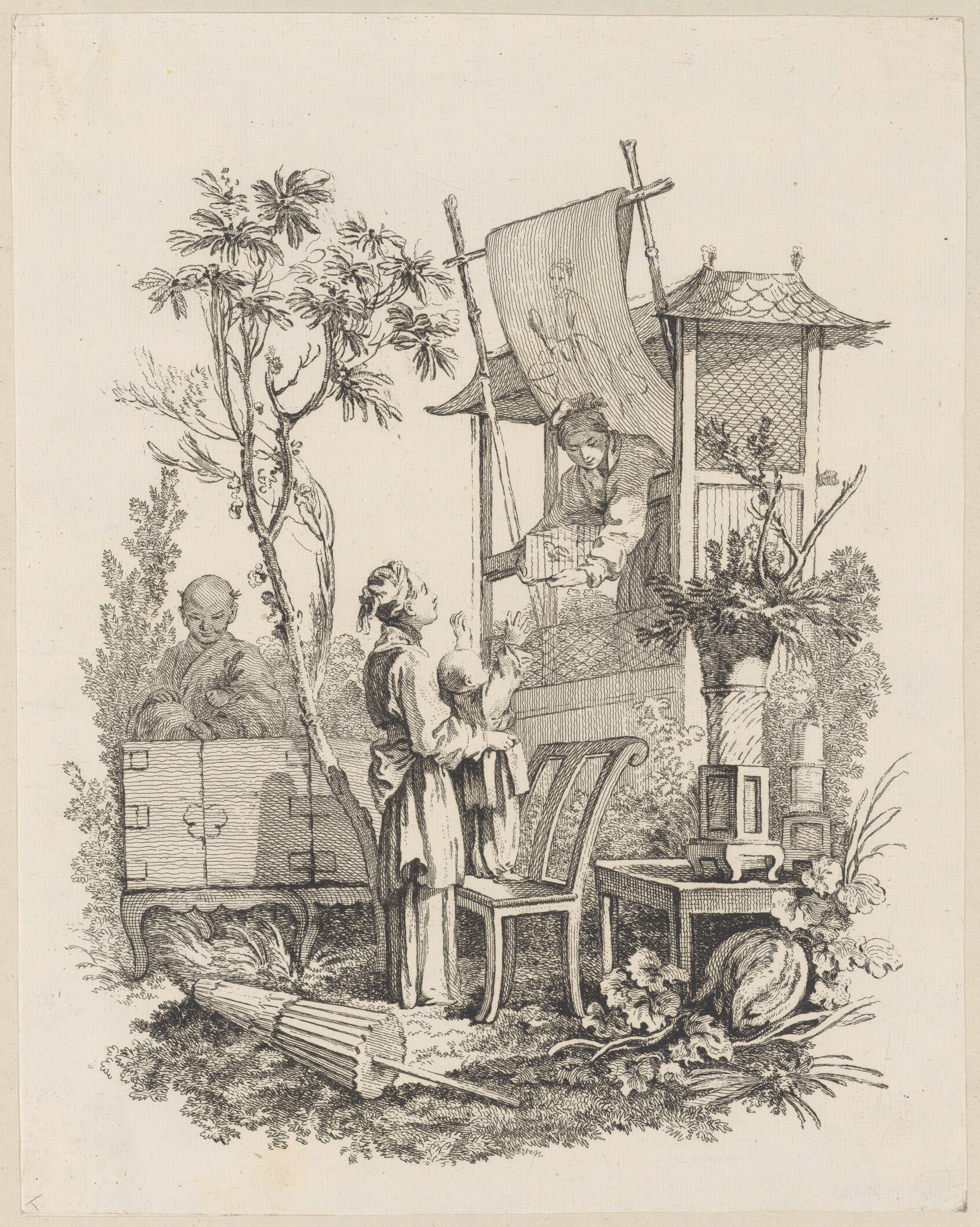 Etching of Chinese Street Vendor Scene