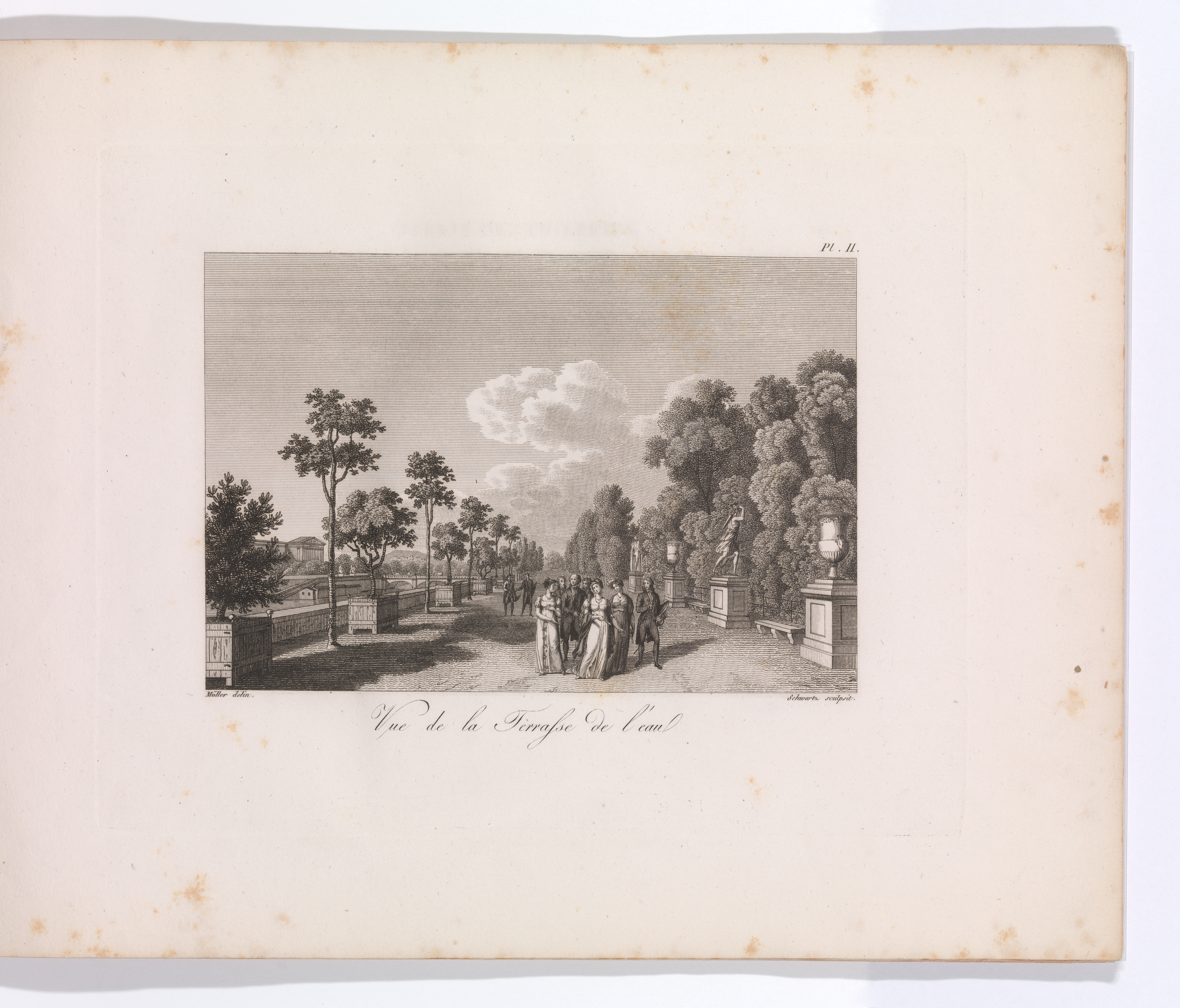 Antique Water Terrace Garden Engraving