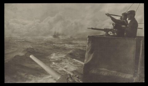 Sailors on Warship Watching Distant Vessel