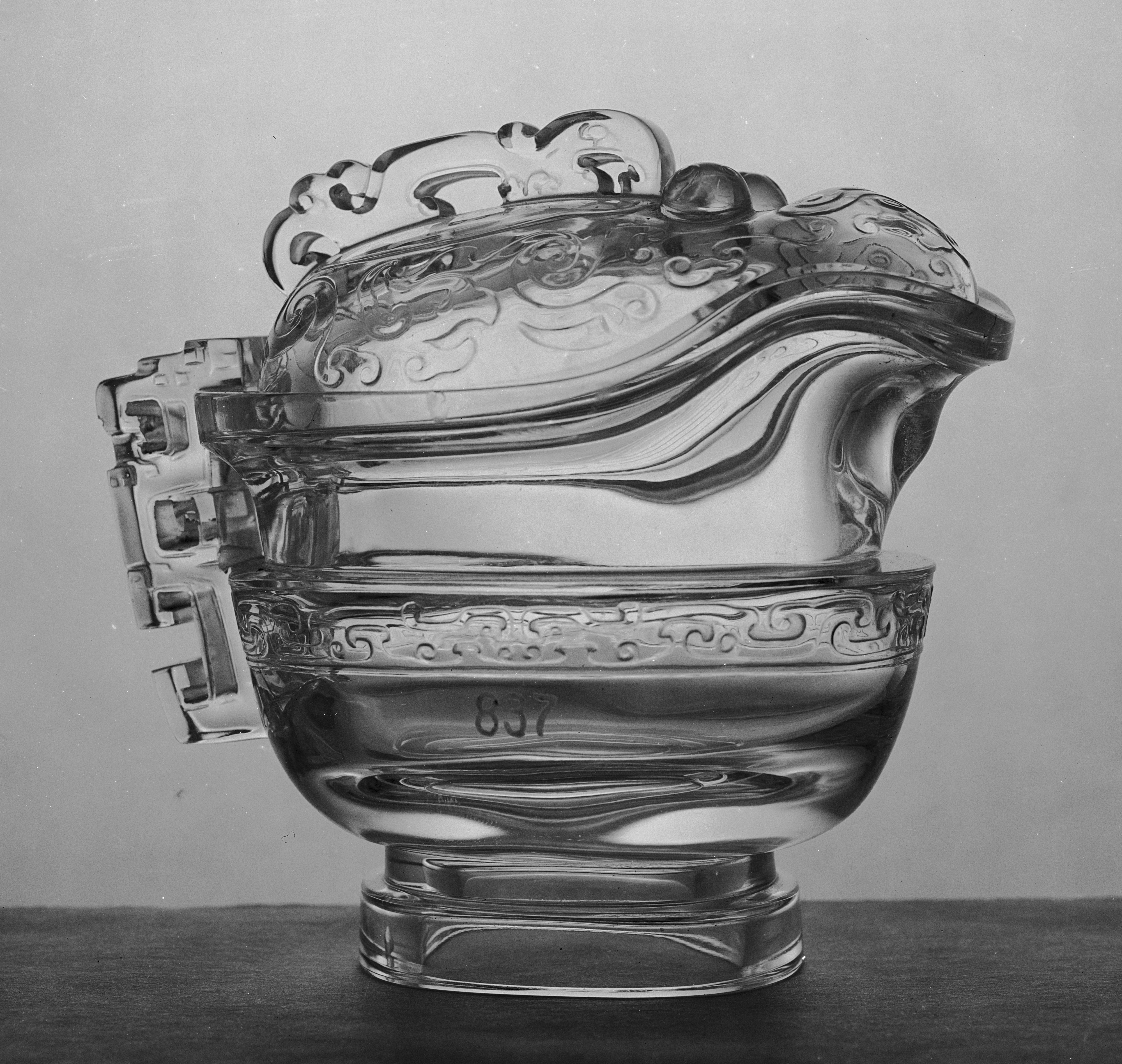 Carved Transparent Glass Lidded Pitcher