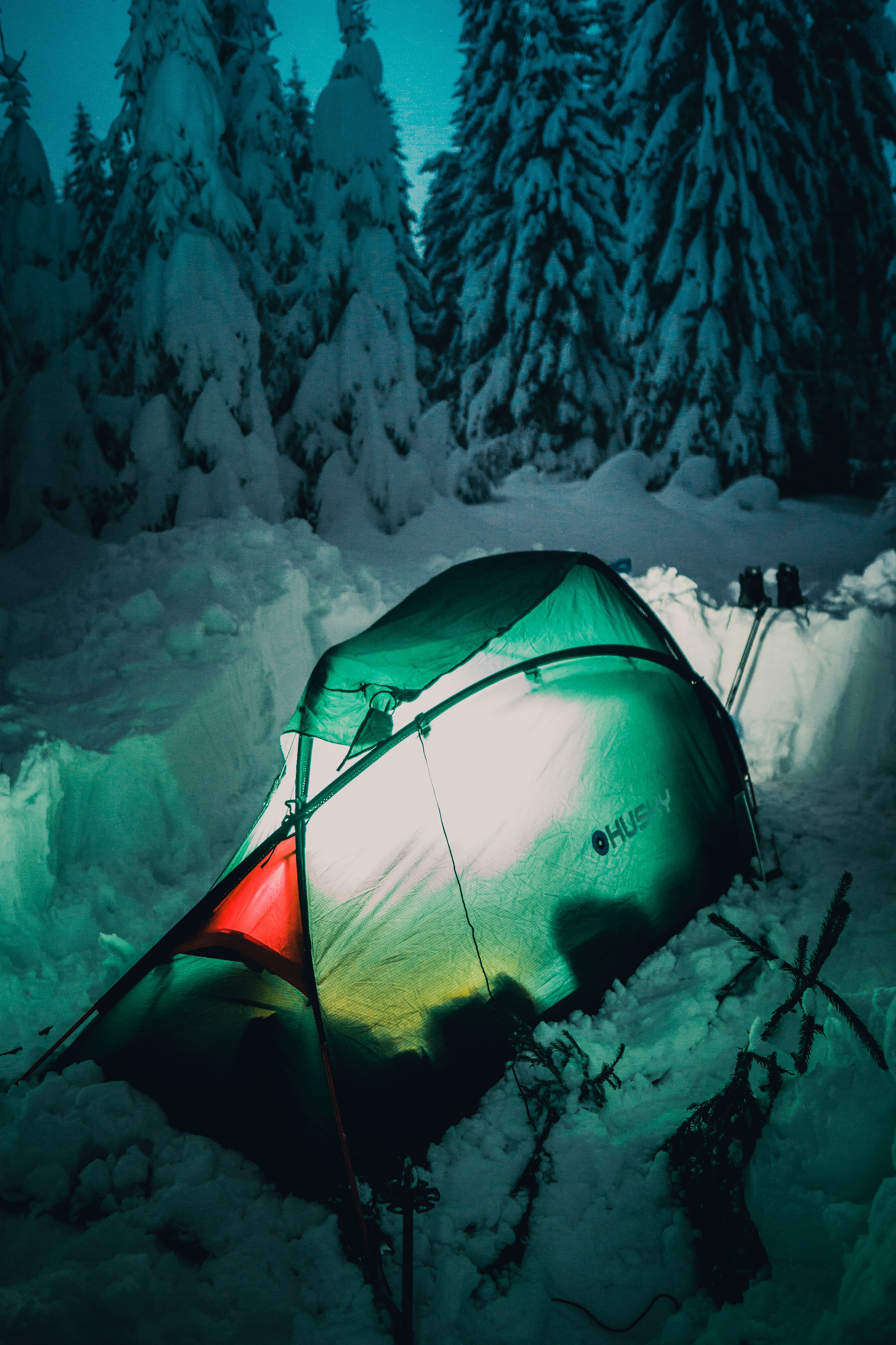 Winter Camping in Snowy Forest