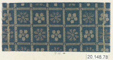 Blue Floral Grid Woven Textile Fragment