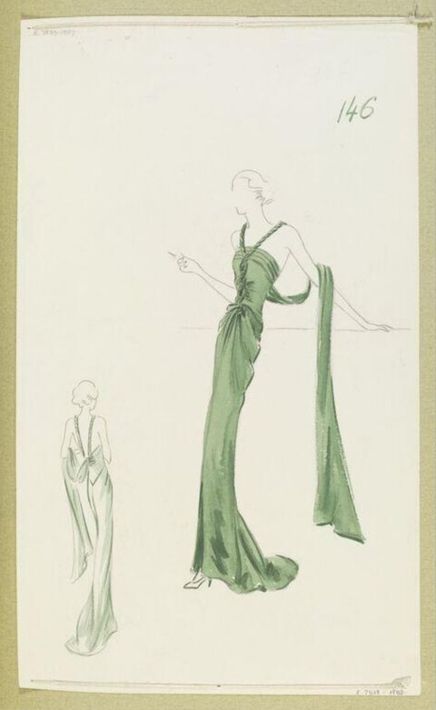 Vintage Green Evening Gown Fashion Sketch