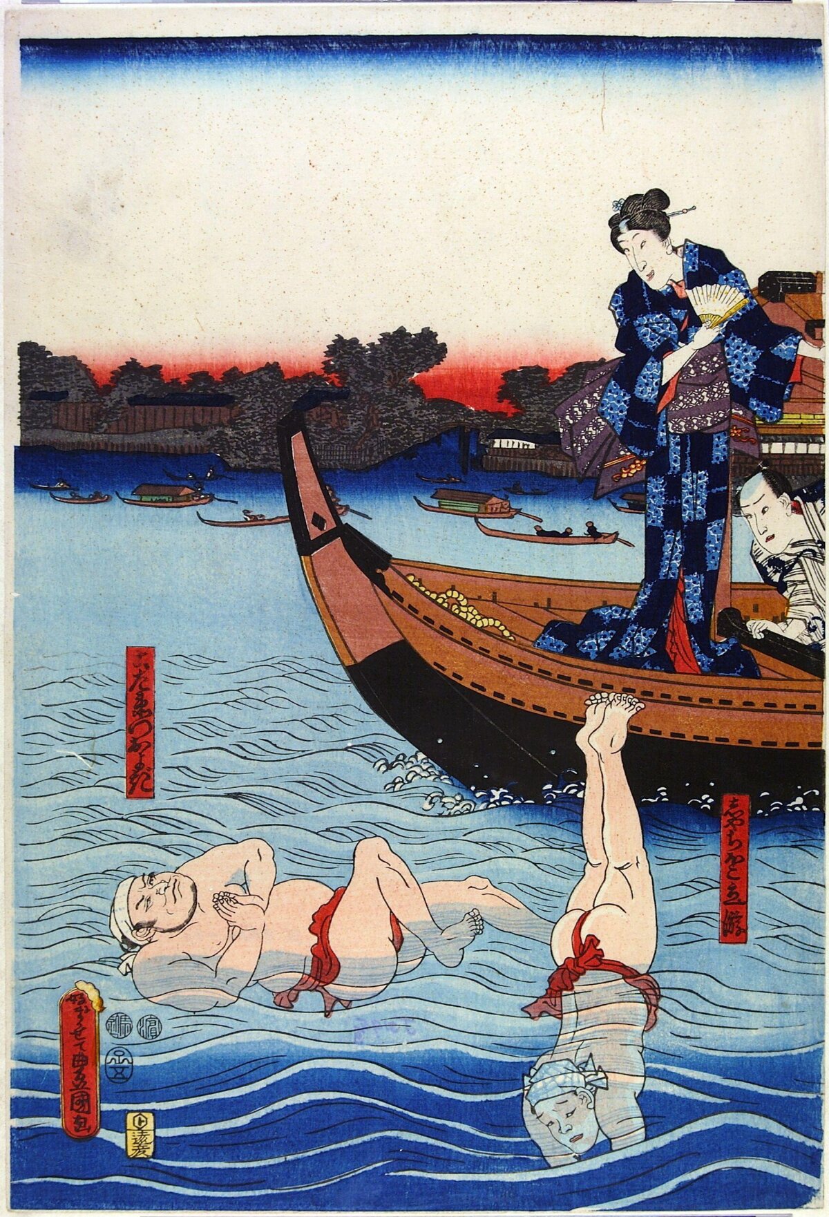 Japanese Ukiyo-e River Diving Scene