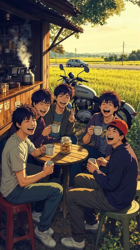 Five Friends at Roadside Coffee Stop