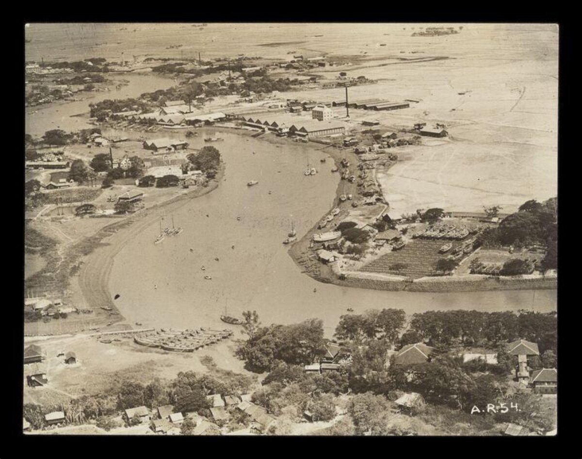 Vintage Aerial View of River Port