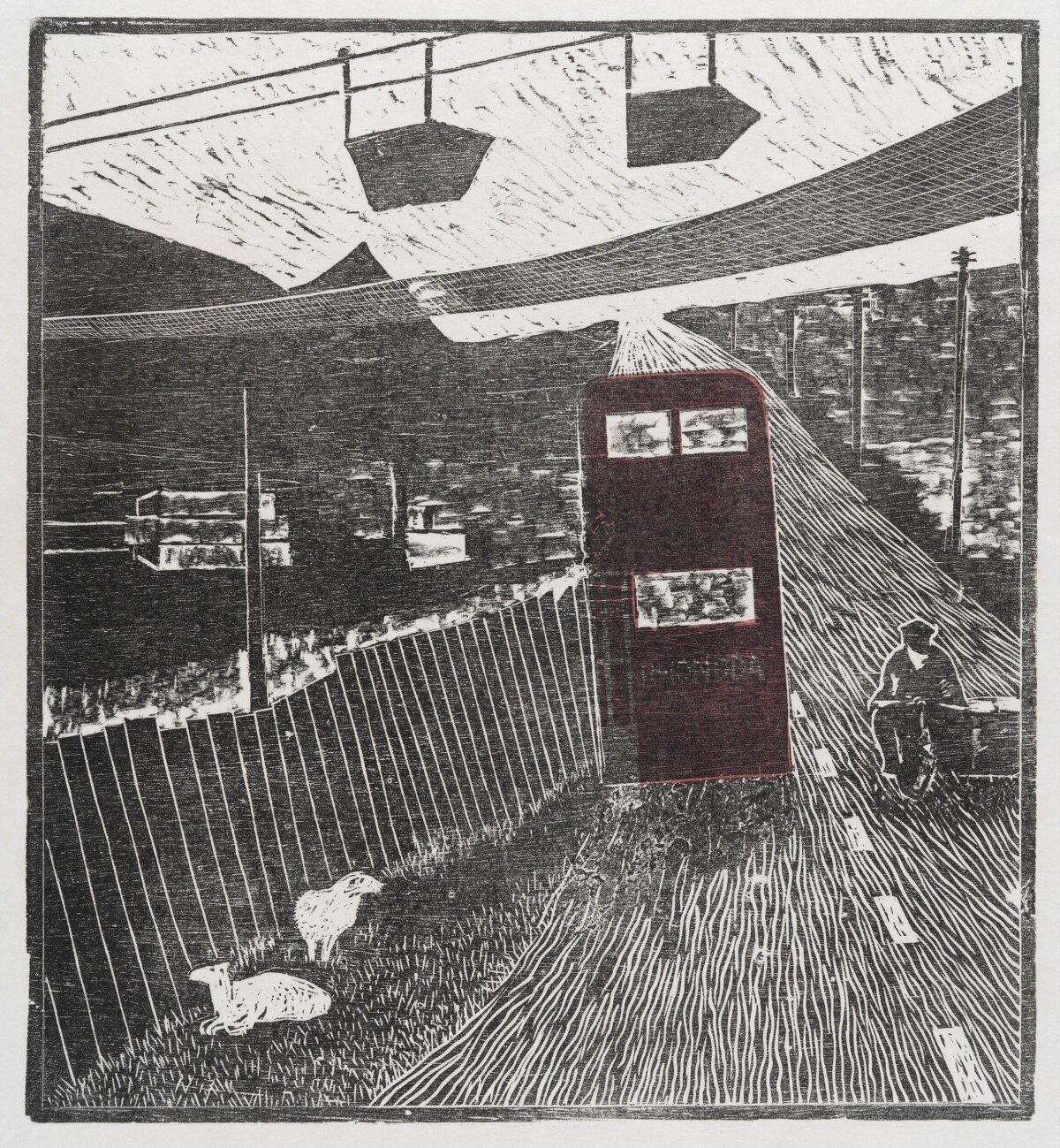 Rural Bus Woodcut Landscape