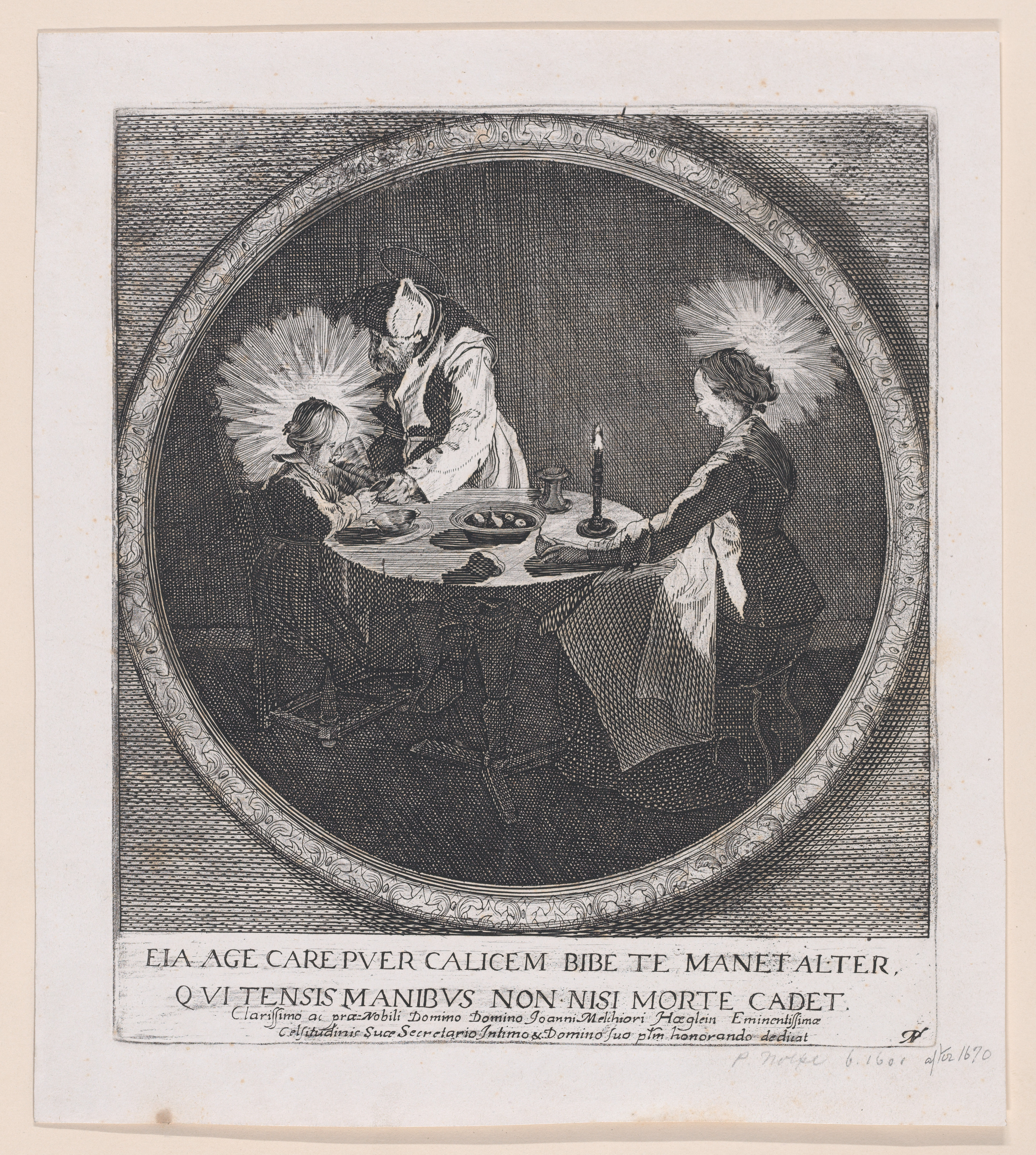 17th Century Etching of Holy Family at Supper