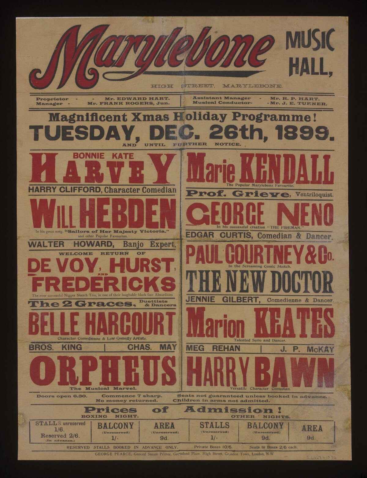 1899 Marylebone Music Hall Poster