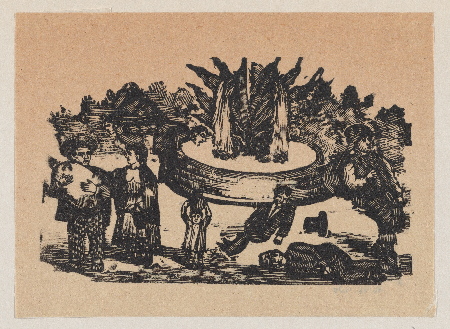 Surreal Circular Parade Woodcut Print