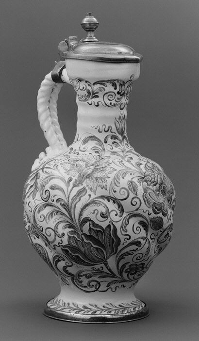 Decorated Metal-Lidded Ceramic Jug