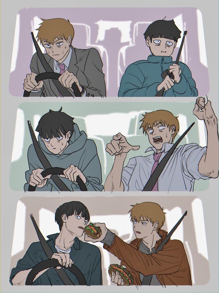 Mob and Reigen three-panel driving comic