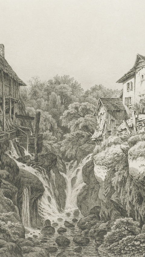 Waterfall and Watermills Rural Landscape