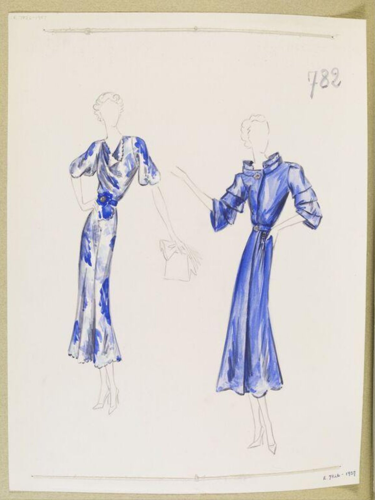 Two Blue Vintage Dress Fashion Sketches