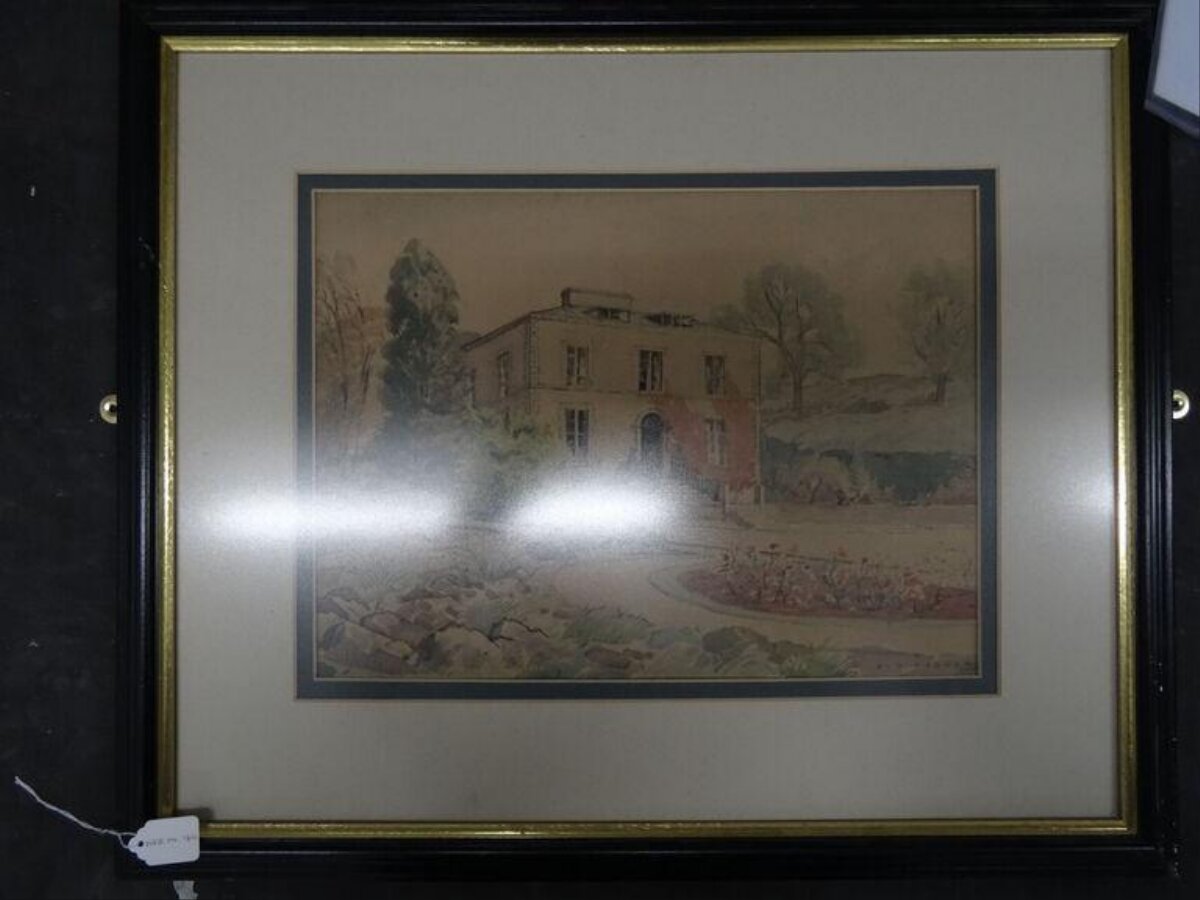 Framed Country House Watercolor Painting