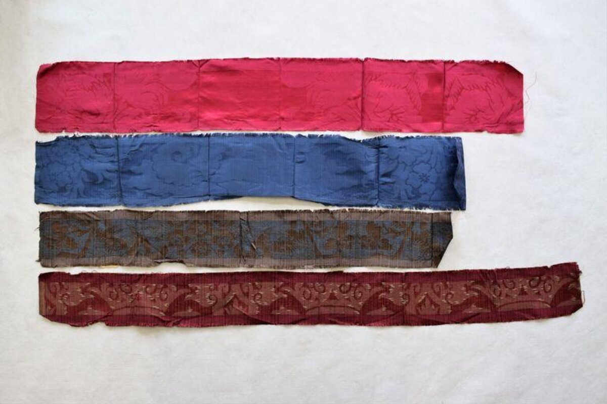 Four Antique Patterned Silk Fabric Strips