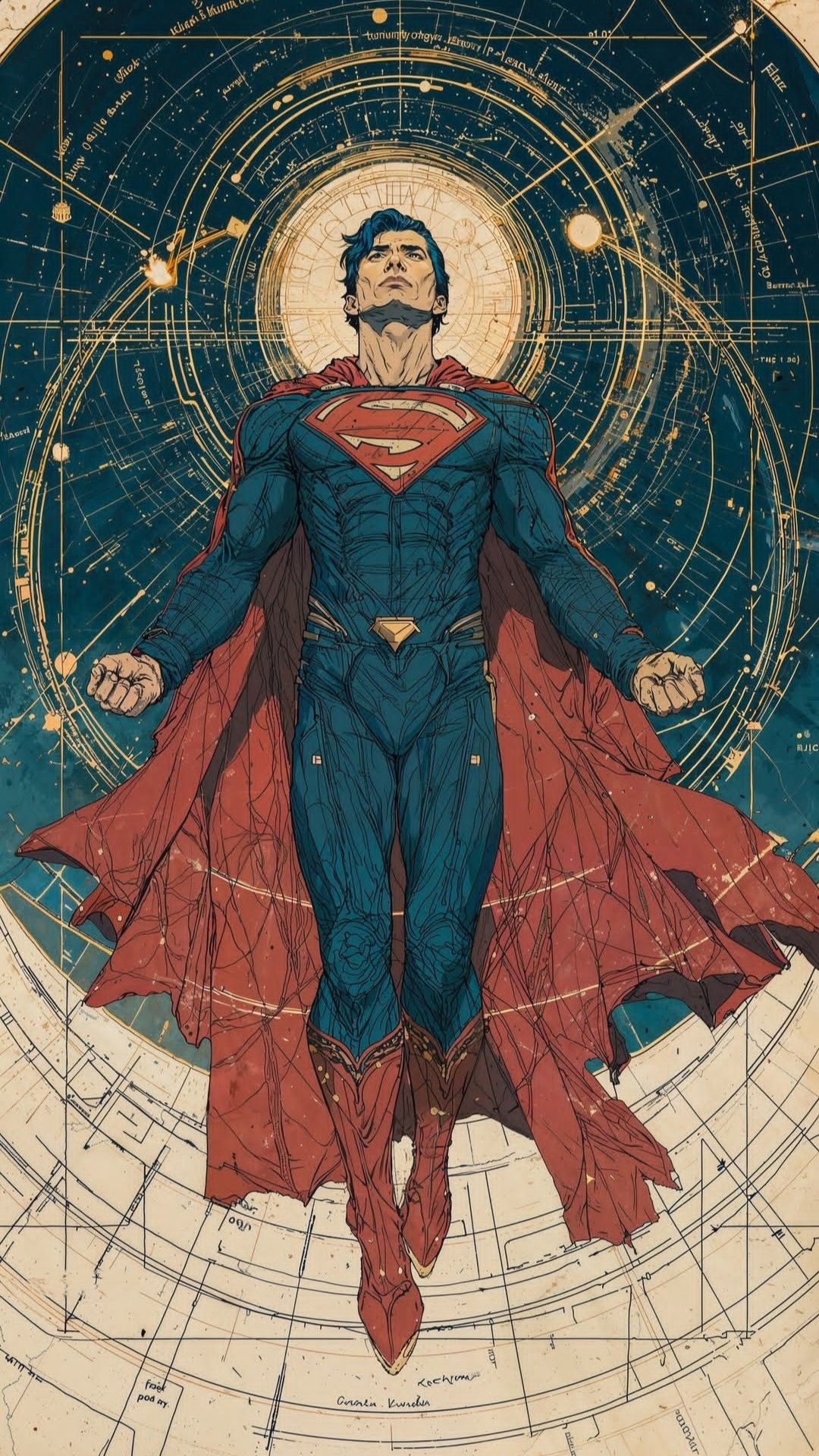 Superman Flying Against Celestial Map