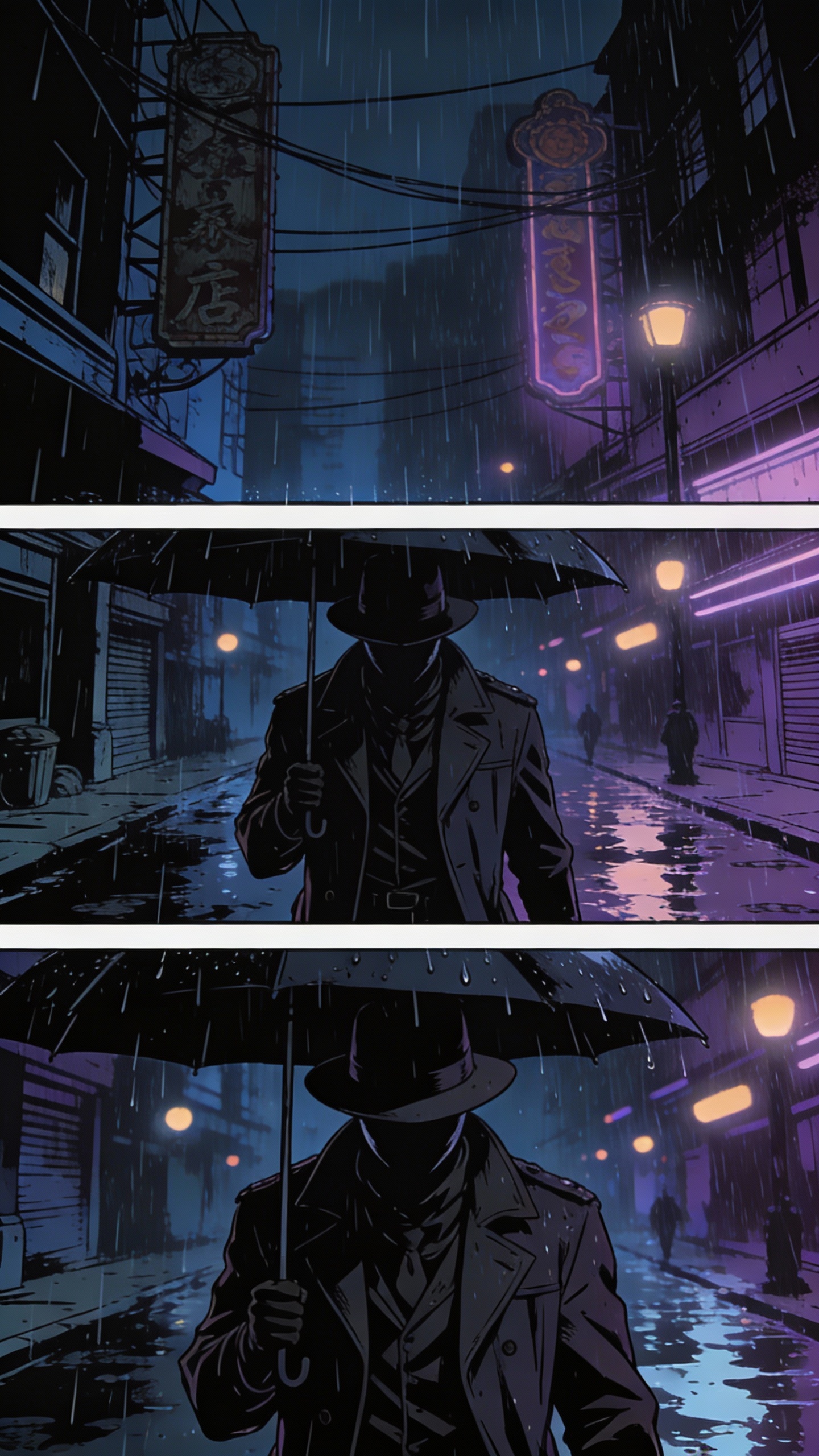 Shadowy Detective on Rainy Night Street