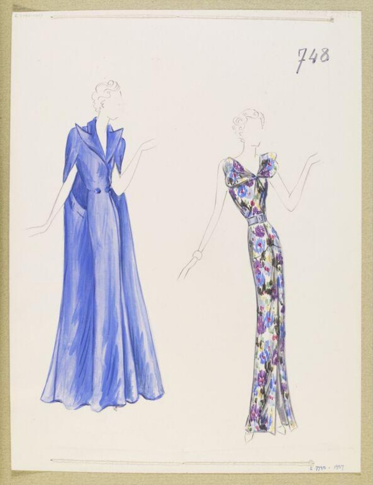 Two Vintage Evening Gown Fashion Sketches