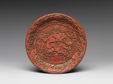Carved Red Lacquer Dragon Plate