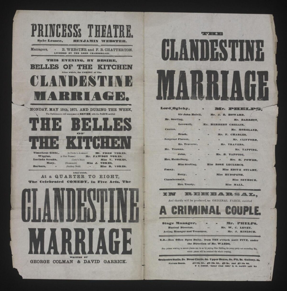 1871 Clandestine Marriage Theatre Playbill
