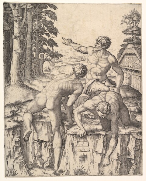 Engraving of Three Climbing Men