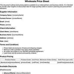 Wholesale Price Sheet