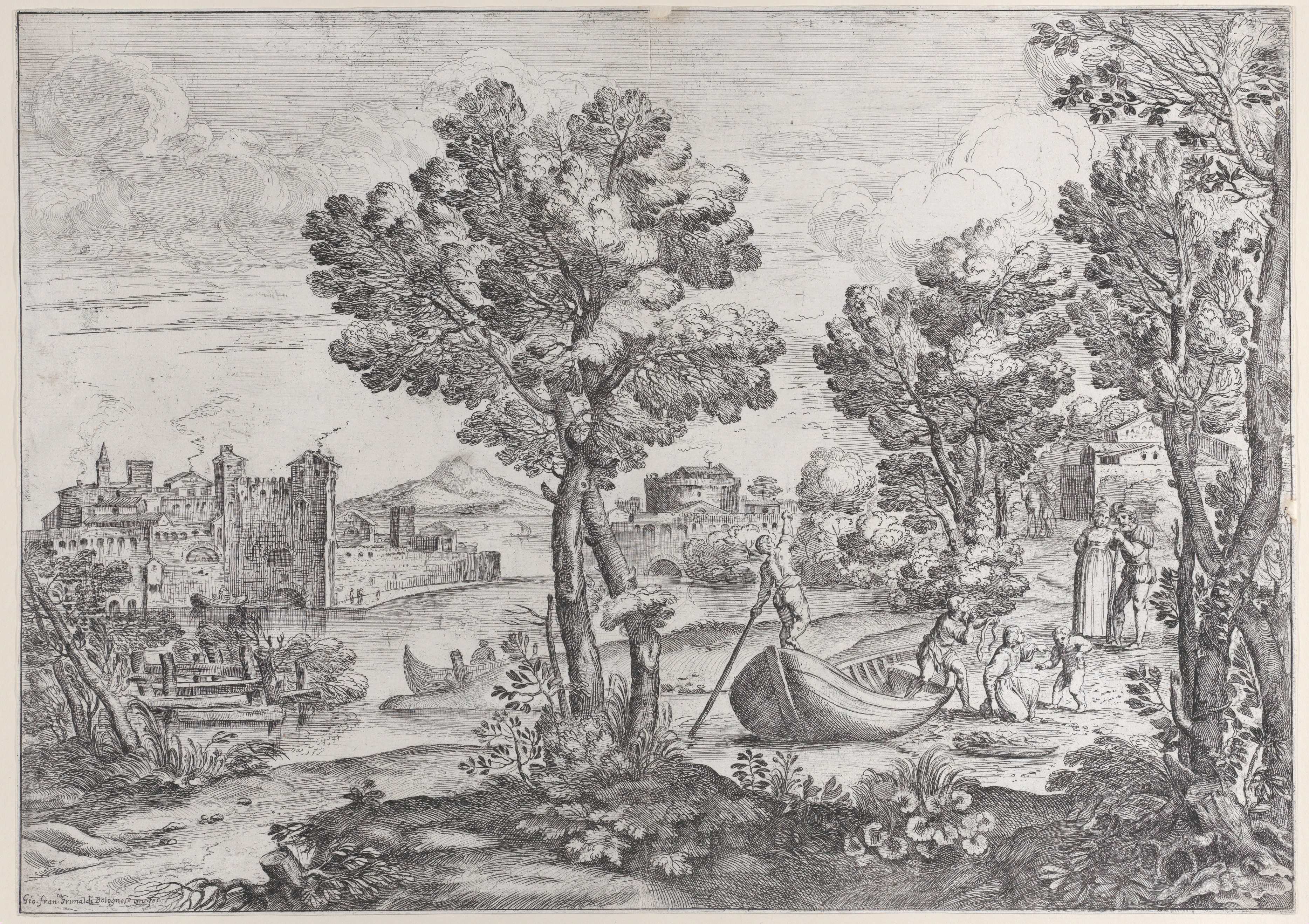 River Landscape With Town And Boatmen