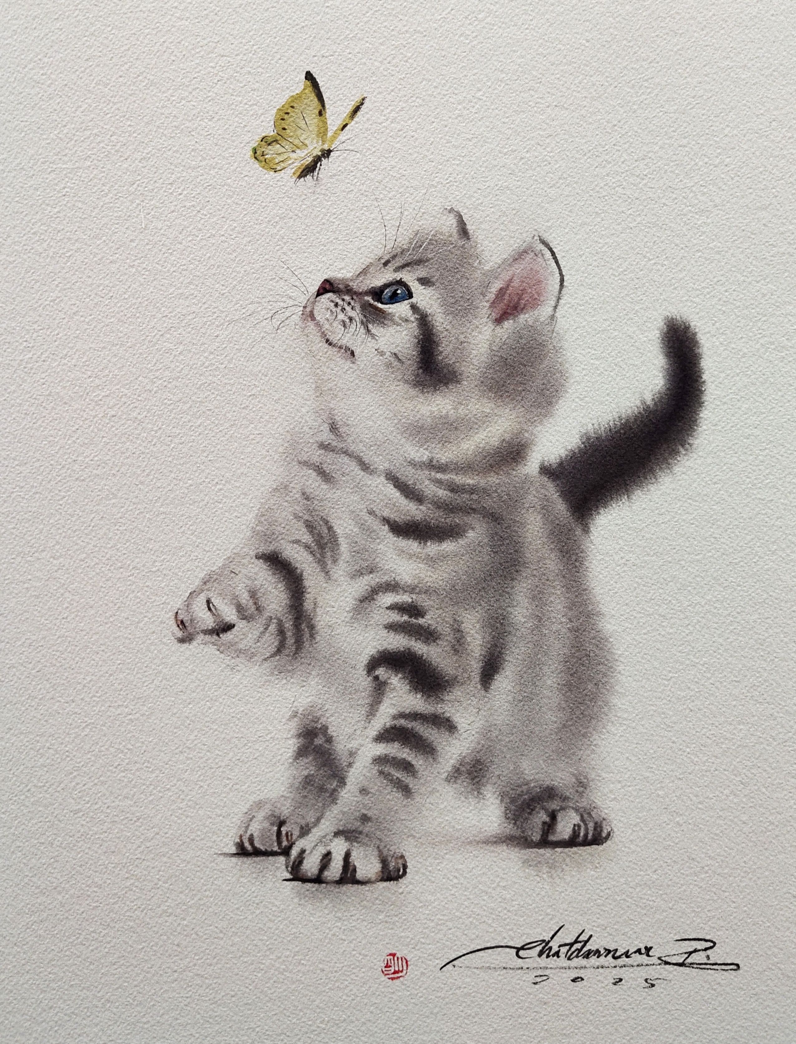 Kitten Staring at a Yellow Butterfly
