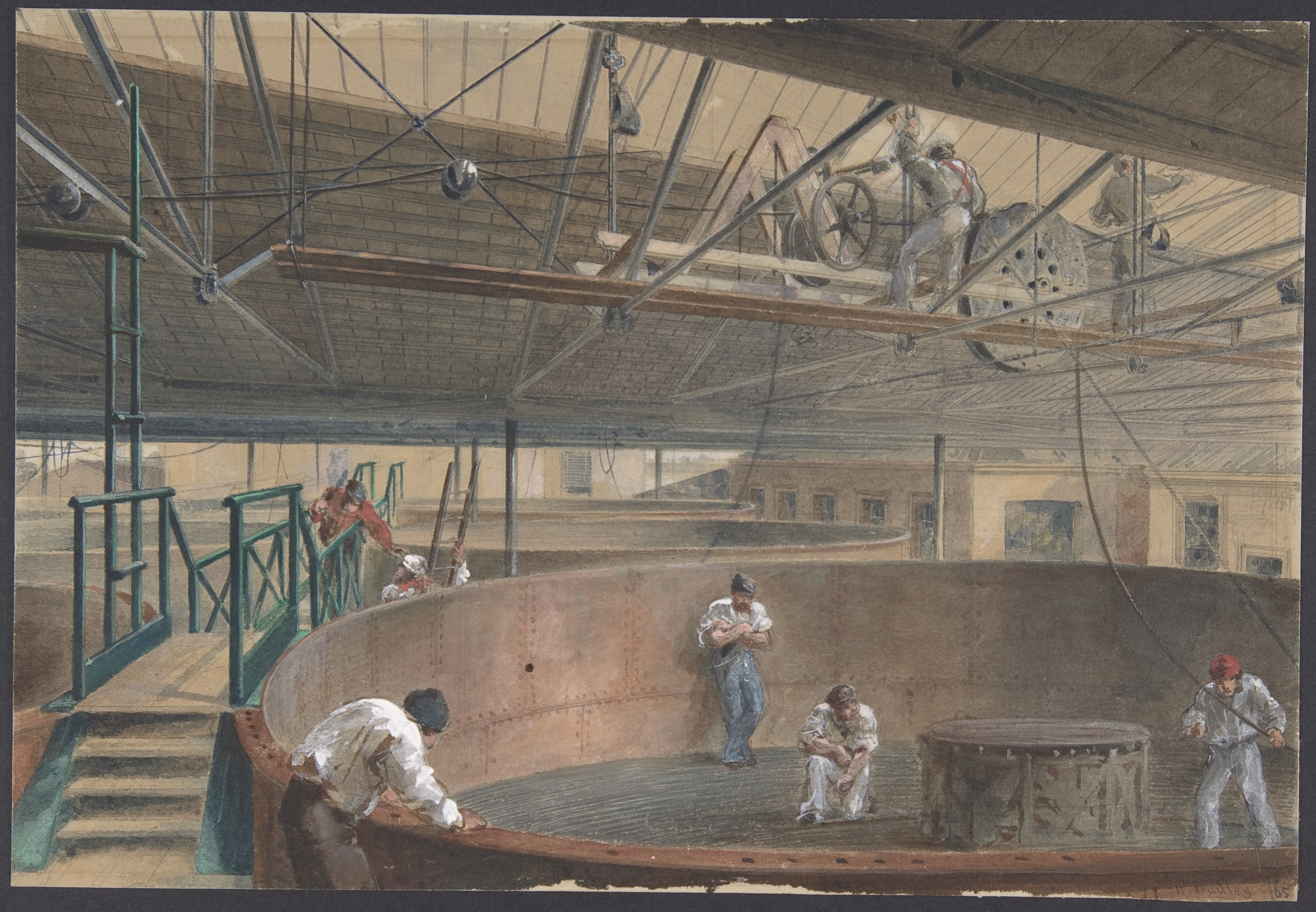Workers Building Ship in Shipyard