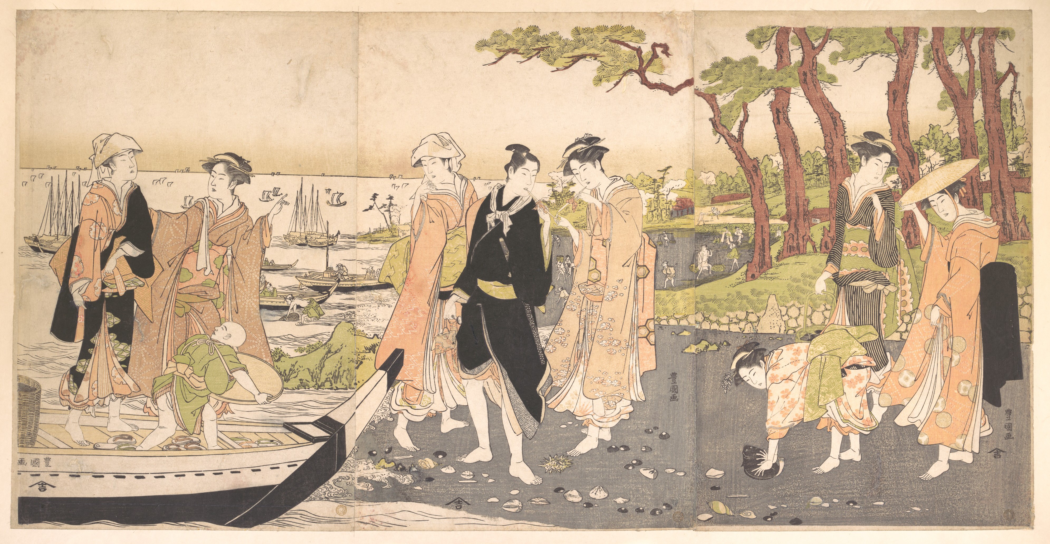 Japanese Ukiyo-e Shell Gathering Scene