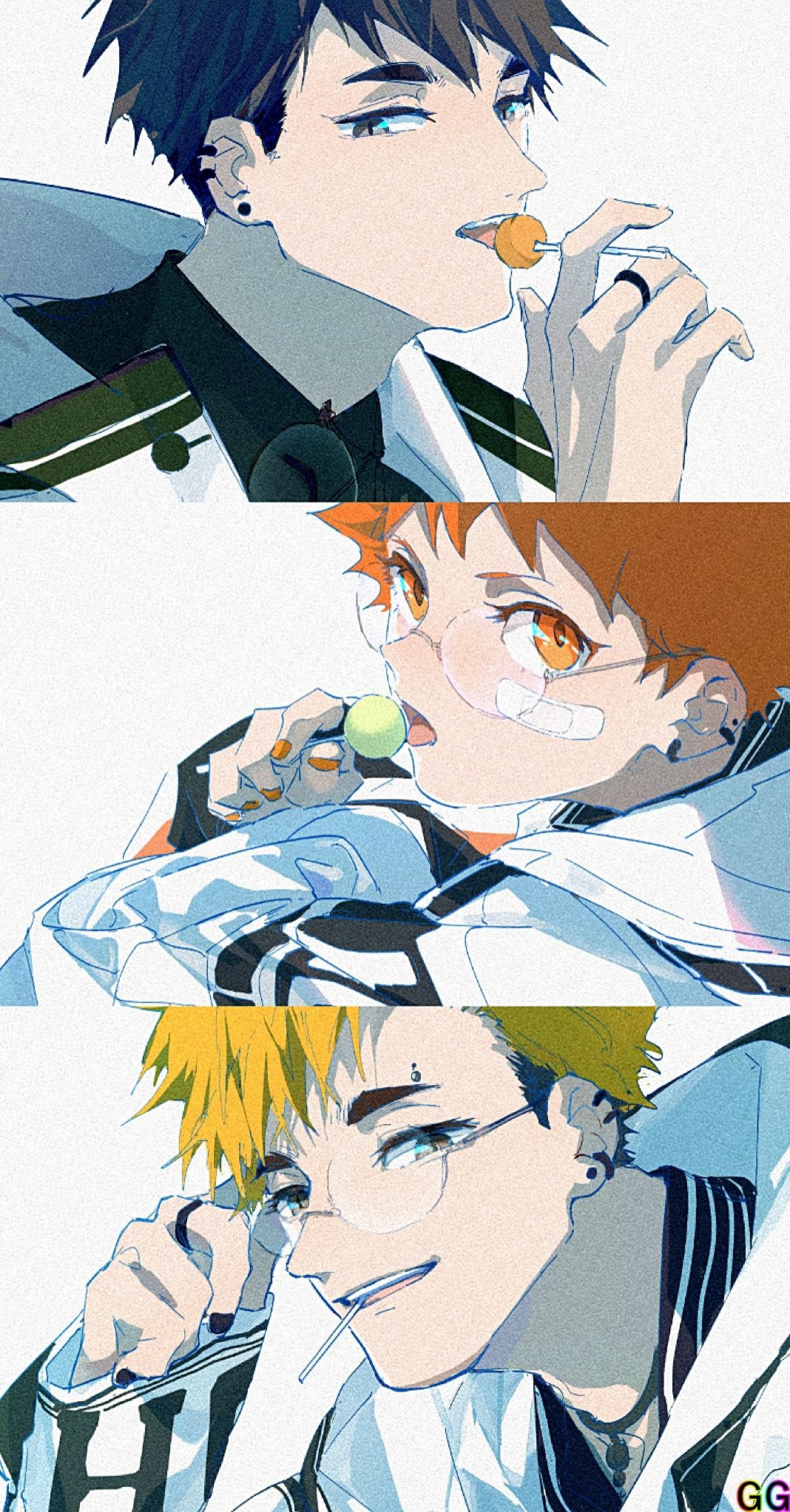 Three Anime Boys Holding Lollipops