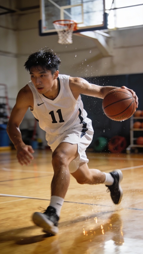 Basketball Player Dribbling on Indoor Court